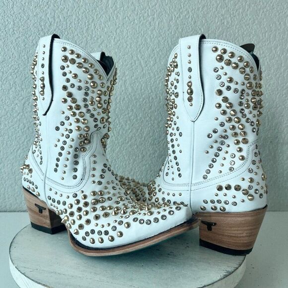 Lane DOLLY Womens Cowboy Bootie 9 White Gold Leather Western Cowgirl Short Boots - Picture 1 of 9
